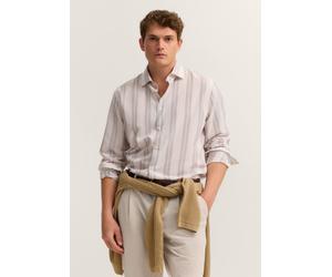 Streifenhemd BUGATTI "Loose Fit", Herren, Gr. M, Normalgrößen, 80, braun, Canvas, 85% Lyocell, 15% Leinen, gestreift, loose fit, Hemden, gestreift mit Kentkragen (87404902-M) 80, braun