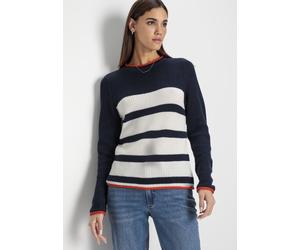 Streifenpullover HECHTER PARIS, Damen, Gr. 40/42, blau (navy sanftes weiß), Strick, Obermaterial: 50% Baumwolle, 50% Polyacryl, gestreift, figurumspielend hüftlang, Rundhals, Pullover Streifenpullover