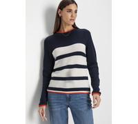 Streifenpullover HECHTER PARIS, Damen, Gr. 44/46, blau (navy sanftes weiß), Strick, Obermaterial: 50% Baumwolle, 50% Polyacryl, gestreift, figurumspielend hüftlang, Rundhals, Pullover Streifenpullover