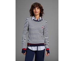 Streifenpullover KANGAROOS, Damen, Gr. 32/34, blau (marine, sanftes weiß), Feinstrick, Obermaterial: 50% Baumwolle, 50% Polyacryl, bedruckt, geringelt, gestreift, kontrastfarbene Details, figurbetont 