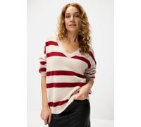 Streifenpullover LASCANA, Damen, Gr. 32/34, rot (sand, bordeaux), Strick, Obermaterial: 50% Polyamid, 30% Viskose, 20% Polyester, gestreift, modisch, figurumspielend hüftlang, V-Ausschnitt, Langarm, P