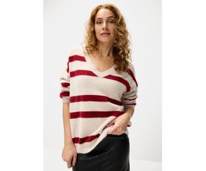 Streifenpullover LASCANA "Amira", Damen, Gr. 36/38, rot (sand, bordeaux), Strick, Obermaterial: 50% Polyamid, 30% Viskose, 20% Polyester, gestreift, figurumspielend hüftlang, V-Ausschnitt, Pullover St