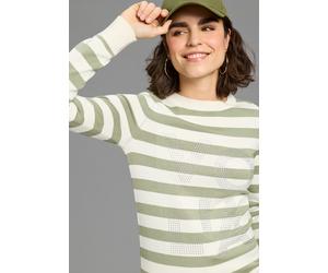 Streifenpullover LAURA SCOTT "aus leichtem, weichem Sommerstrick", Damen, Gr. 32/34, salbei, weiß gestreift, Feinstrick, Obermaterial: 70% Viskose, 30% Polyamid, gestreift, figurbetont hüftbedeckend,