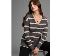 Streifenpullover LAURA SCOTT, Damen, Gr. 42, beige (grau, beige gestreift), Strick, Obermaterial: 50% Viskose, 26% Polyamid, 24% Polyester, gestreift, lässig geschnitten hüftlang, V-Ausschnitt, Ärmel