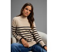 Streifenpullover LAURA SCOTT, Damen, Gr. 48/50, beige schwarz gestreift, Strick, Obermaterial: 50% Viskose, 28% Polyester, 22% Polyamid, gestreift, figurumspielend hüftbedeckend, Rippbündchen, Pullove