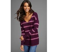 Streifenpullover LAURA SCOTT, Damen, Gr. 48, lila (lila, gestreift), Strick, Obermaterial: 50% Viskose, 26% Polyamid, 24% Polyester, gestreift, mehrfarbig, lässig geschnitten hüftlang, V-Ausschnitt, Ä