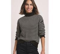 Streifenpullover STREET ONE, Damen, Gr. 46, braun (schwarz coffee), Web, 73% Baumwolle, 27% Polyester, gestreift, comfort fit normal, hoch geschlossener Ausschnitt, Rippbündchen, Pullover Streifenpull