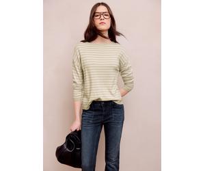 Streifenpullover STREET ONE STUDIO, Damen, Gr. 44, beige (stone sand), Web, 60% Viskose, 40% Baumwolle, gestreift, normal normal, U-Boot-Ausschnitt, Rippbündchen, Pullover Streifenpullover, mit U-Boot
