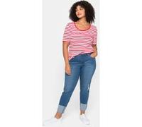 Kurzarmshirt SHEEGO "T-Shirt", Damen, Gr. 48, rot (mohnrot, weiß), 100% Baumwolle, gemustert, gestreift, mehrfarbig, Rundhals, Kurzarm, Shirts (88905740-48) mohnrot, weiß