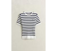 Kurzarmpullover GANT "STRETCH COTTON CABLE STRIPE SS", Damen, Gr. XL, eggshell, Strick, Obermaterial: 88% Baumwolle, 10% Polyamid, 2% Elasthan, slim fit normal, Rundhals, Pullover, Gestreifter Zopfstr