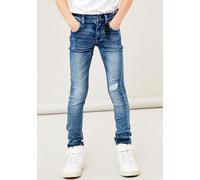 Stretch-Jeans NAME IT "NKMPETE DNMTONSON", Jungen, Gr. 122, N-Gr, blau (medium blau denim), Denim/Jeans, Obermaterial: 74% Baumwolle, 24% Polyester, 1% Elasthan, 1% Viskose, Abriebeffekte, skinny fit