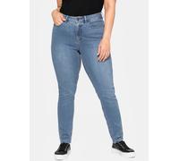 Stretch-Jeans SHEEGO "Große Größen", Damen, Gr. 29, Kurzgrößen, blau (blau denim), Obermaterial: 37% Viskose, 34% Baumwolle, 27% Polyester, 2% Elasthan, unifarben, casual, lang, Jeans, Super elastisch