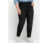 Stretch-Jeans SHEEGO "Große Größen", Damen, Gr. 42, Normalgrößen, schwarz (schwarz denim), Obermaterial: 99% Baumwolle, 1% Elasthan, unifarben, casual, figurbetont lang, Jeans, mit breitem High-Waist-