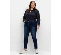 Stretch-Jeans SHEEGO, Damen, Gr. 48, Normalgrößen, blau (dunkelblau denim), 74% Baumwolle, 22% Polyester, 3% Viskose, 1% Elasthan, unifarben, lang, Jeans (13617530-48) dunkelblau denim