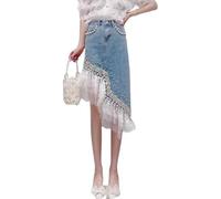 Stretch Jeansrock Für Damen - Spitzen-Patchwork-Rock Süß Unregelmäßig Perlenbesetzt Sommer Figurbetont Knielang Hohe Taille Mit Tasche A-Linie Streetwear Blau 3XL