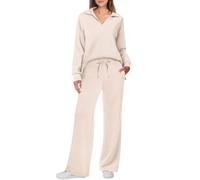 Strick Set Damen Zweiteiler Elegant | Strickanzug Damen Set Winter | Damen Hausanzug 2-Teilig Winter Weites Bein Schlafanzug Lang Warm Freizeitanzug V Ausschnitt Sweatanzug Casual Kuschelanzug