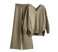 Strick Zweiteiler Damen Outfit Pullover - Strickpullover Damen Stehkragen und Gestrickte Hose- Strickanzug Hausanzug Damen Elegant 2er Set Rollkragenpullover Weite Bein Strickhose Lounge Homewear