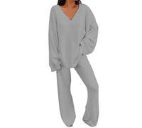 Strickanzug Damen Set Elegant Grosse Grössen Strick Set Damen Zweiteiler Winter Freizeitanzug Warm Sportanzug V Ausschnitt Jogginganzug Sport Outfit Kuschelanzug Thermo Sweatanzug Nachtwäsche