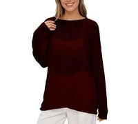 Strickbluse Damen Lochstrick Pullover Transparent Rundhals Oversize Netzshirt Dünner Strickpullover Langarm Mesh Oberteil Leichte Tunika Beach Cover Up Sommer Freizeit Sommerbluse (RD4, S)