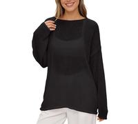Strickbluse Damen Lochstrick Pullover Transparent Rundhals Oversize Netzshirt Dünner Strickpullover Langarm Mesh Oberteil Leichte Tunika Beach Cover Up Sommer Freizeit Sommerbluse (Black, XXXL)