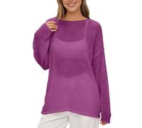 Strickbluse Damen Lochstrick Pullover Transparent Rundhals Oversize Netzshirt Dünner Strickpullover Langarm Mesh Oberteil Leichte Tunika Beach Cover Up Sommer Freizeit Sommerbluse (Purple, XS)