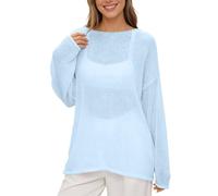Strickbluse Damen Lochstrick Pullover Transparent Rundhals Oversize Netzshirt Dünner Strickpullover Langarm Mesh Oberteil Leichte Tunika Beach Cover Up Sommer Freizeit Sommerbluse (BU2, XL)