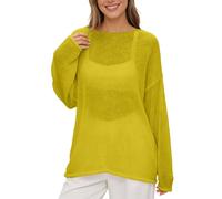 Strickbluse Damen Lochstrick Pullover Transparent Rundhals Oversize Netzshirt Dünner Strickpullover Langarm Mesh Oberteil Leichte Tunika Beach Cover Up Sommer Freizeit Sommerbluse (Yellow, M)