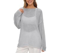 Strickbluse Damen Lochstrick Pullover Transparent Rundhals Oversize Netzshirt Dünner Strickpullover Langarm Mesh Oberteil Leichte Tunika Beach Cover Up Sommer Freizeit Sommerbluse (GY2, S)