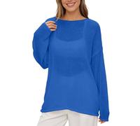 Strickbluse Damen Lochstrick Pullover Transparent Rundhals Oversize Netzshirt Dünner Strickpullover Langarm Mesh Oberteil Leichte Tunika Beach Cover Up Sommer Freizeit Sommerbluse (BU1, XXXL)