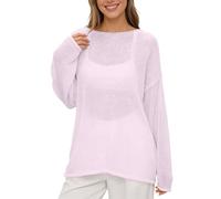 Strickbluse Damen Lochstrick Pullover Transparent Rundhals Oversize Netzshirt Dünner Strickpullover Langarm Mesh Oberteil Leichte Tunika Beach Cover Up Sommer Freizeit Sommerbluse (RD1, XS)