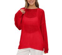 Strickbluse Damen Lochstrick Pullover Transparent Rundhals Oversize Netzshirt Dünner Strickpullover Langarm Mesh Oberteil Leichte Tunika Beach Cover Up Sommer Freizeit Sommerbluse (RD2, XXL)
