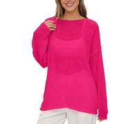 Strickbluse Damen Lochstrick Pullover Transparent Rundhals Oversize Netzshirt Dünner Strickpullover Langarm Mesh Oberteil Leichte Tunika Beach Cover Up Sommer Freizeit Sommerbluse (RD3, XL)
