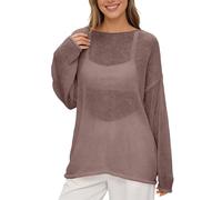 Strickbluse Damen Lochstrick Pullover Transparent Rundhals Oversize Netzshirt Dünner Strickpullover Langarm Mesh Oberteil Leichte Tunika Beach Cover Up Sommer Freizeit Sommerbluse (Brown, XXL)