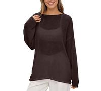 Strickbluse Damen Lochstrick Pullover Transparent Rundhals Oversize Netzshirt Dünner Strickpullover Langarm Mesh Oberteil Leichte Tunika Beach Cover Up Sommer Freizeit Sommerbluse (Coffee, XL)