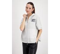 Strickcape MONARI "Jacke Strickcape", Damen, Gr. 38, ash grau melange, Web, Obermaterial: 100% Baumwolle. Kapuze: 76% Viskose, 14% Polyamid, 10% Elasthan, unifarben, loose fit normal, Rundhals, angesc