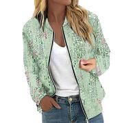 Strickfleecejacke Damen Trachtenjacke Damen Sweatjacke Mädchen Frauen Stehkragen Drucken Zip Up Langarm Kurze Pilotenjacke Mit Tasche Herbst Leichte Reißverschluss Bomber Jacket (2-Mint Green, L)