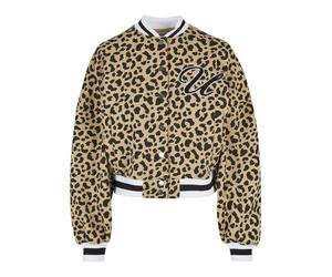 Strickfleecejacke URBAN CLASSICS "Urban Classics Damen Ladies AOP Oversized College Sweat Jacket", Damen, Gr. L, unionbeigeleo, schwarz, 65% Baumwolle, 35% Polyester, mehrfarbig, oversize, Rundhals, J