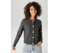 Strickjacke ANISTON CASUAL, Damen, Gr. 36, grau (dunkelgrau, meliert), Strick, Obermaterial: 73% Polyacryl, 24% Polyester, 3% Elasthan, meliert, lässig geschnitten kurz, Rundhals, Rippstrickbündchen,