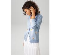 Strickjacke ANISTON CASUAL, Damen, Gr. 42, bunt (hellblau, weiß, gelb), Feinstrick, Obermaterial: 100% Baumwolle, bestickt, geblümt, lässig geschnitten hüftlang, V-Ausschnitt, Strickbündchen, Strickja