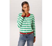 Strickjacke ANISTON CASUAL, Damen, Gr. 46, grün, wollweiß, rot, Strick, Obermaterial: 100% Baumwolle, gemustert, geringelt, gestreift, figurumspielend hüftlang, Rundhals, Rippstrickbündchen, Strickjac