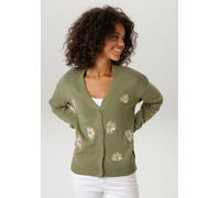 Strickjacke ANISTON CASUAL, Damen, Gr. 46, khaki, weiß, gelb, Feinstrick, Obermaterial: 100% Baumwolle, bestickt, geblümt, lässig geschnitten hüftlang, V-Ausschnitt, Strickbündchen, Strickjacken Stric