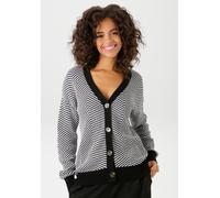 Strickjacke ANISTON CASUAL, Damen, Gr. 46, schwarz-weiß (schwarz, weiß), Strick, Obermaterial: 100% Baumwolle, Fischgratmuster, gemustert, lässig geschnitten hüftbedeckend, V-Ausschnitt, Strickbündche