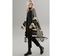 Strickjacke ANISTON SELECTED, Damen, Gr. 3 (46/48/50), schwarz (schwarz, beige,), Strick, Obermaterial: 80% Viskose, 20% Polyamid, Jacquardmuster, gemustert, gestreift, lässig geschnitten ca. Mitte Ob