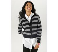 Strickjacke ANISTON SELECTED, Damen, Gr. 38, schwarz-weiß (schwarz, weiß), Strick, Obermaterial: 70% Baumwolle, 30% Polyamid, gemustert, gestreift, figurumspielend taillenbedeckt, Rundhals, Strickbünd