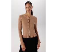 Strickjacke ANISTON SELECTED, Damen, Gr. 42, beige (caffe latte), Feinstrick, Obermaterial: 50% Viskose, 28% Polyester, 22% Polyamid, unifarben, figurbetont kurz, Rundhals, Rüschen, Strickjacken Stric