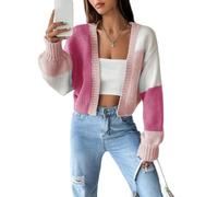 Strickjacke aus Polyester, vorne offen, lockere Passform (Pink, L)