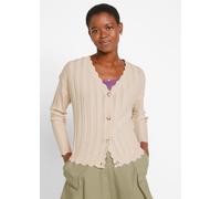 Strickjacke BONPRIX, Damen, Gr. 44/46 (L), kieselbeige, Strick, Obermaterial: 70% Viskose, 30% Polyamid, unifarben, festlich, oversize hüftbedeckend, V-Ausschnitt, gewellter Abschluss, Strickjacken St