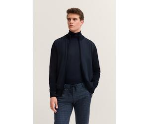 Strickjacke BUGATTI "Regular Fit", Herren, Gr. L, blau (390, marine), Jersey, 100% Baumwolle, unifarben, regular fit, ohne Ausschnitt, Rippbündchen, Strickjacken Strickjacke, mit Stehkragen und Reißve
