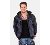 Strickjacke CIPO & BAXX "Strickjacke", Herren, Gr. S, blau (dunkelblau), 100% Polyester, tarnfarben, Basic, regular fit, Rippstrickbündchen, Strickjacken Strickjacke, mit Leder Highlights, CL-310 (752