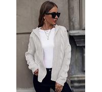 Strickjacke Damen,Damen Cardigan Vintage Weiß Einfarbig Kapuze Twist Jacquard Cropped Top Strickmantel Weicher Frühling Herbst Warme Strickjacke Langarm Offener Pullover Lässige Outing Outwear,M